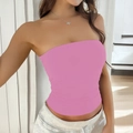 Slim fit pink Y2K knit tube top for women styled with casual gray sportswear - Rose Red