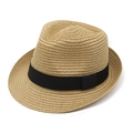 Detail of woven Panama straw hat texture with classic black ribbon and wide brim - M (56-58cm) / Khaki