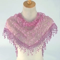 Dusty pink lace shawl scarf featuring delicate floral embroidery and fringed tassels - 125-36cm / Leather Red