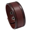 Detailed view of dark brown wide leather wristband with double parallel stitching - Single-Breasted / Brown