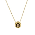 Golden Gemini zodiac necklace featuring a double-sided round pendant and dark birthstone - Gemini