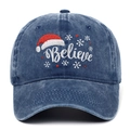 Casquette de baseball en jean délavé bleu avec broderie Believe et motif de Noël - Bleu marine