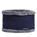 Detail of dark blue knit snood with grey fleece lining and sport metal logo tag - Thick Fleece Lined Neck Warmer / Navy Blue