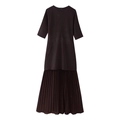 Detail showing the brown knit top and pleated skirt splice on this short sleeve dress - S / Brown
