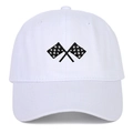 White cotton baseball cap featuring embroidered checkered racing flags in a minimalist style - White