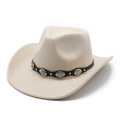 Beige wool fedora hat with black leather band and vintage metal studs for western style - M(56-58cm) / Beige