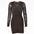 Sexy dark brown V-neck mesh long sleeve bodycon dress with ruched design details - S / Brown