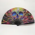 10-inch rainbow cyberpunk skull folding fan with black bamboo ribs and vibrant mechanical art - Mechanical Skull A8