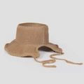 Breathable hollow knit open top sun hat with long ribbons for outdoor summer travel - M (56-58cm) / Khaki