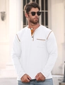 Detail of white long sleeve Henley shirt featuring brown contrast collar and stitched pocket - S / White