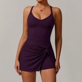 Plum purple athletic tennis dress with V-neck straps and front knot skirt detail - S / Grape Purple
