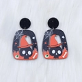 Halloween acrylic drop earrings featuring black skulls, wizard hats, and spider webs - Skeleton with Hat