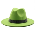 Close-up of green felt fedora hat with snake skin band and gold metal button detail - Fluorescent Green
