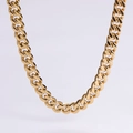 Close-up of polished gold-plated stainless steel Cuban link chain with detailed interlocking - 8mm Gold