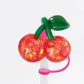Sparkly cherry straw topper with star sequins and pink silicone ring for 10mm straws - Red Sequin Cherry