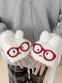 Weiße flauschige fingerlose Handschuhe mit süßem Kaninchen-Design für den Winter - Weißer Hase mit roter Brille (Klapphandschuhe)
