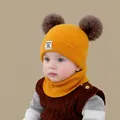 Winter children warm knitted hat and scarf set in bright yellow with cute fur pom-poms - 15-piece Set Yellow (for 2 Months To 2 Years Old)