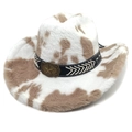 Detailed close-up of cow print cowboy hat with faux fur texture and star buckle - M (56-58cm) / Straight Top / Khaki and White Cow Print