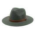 Detail of dark olive woven Panama hat with brown leather band and silver metal buckle - M(56-58cm) / Dark Green