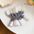 Checkered black and white fabric wrist cuffs with elegant white floral lace trim - Scrunchie / Black Mesh