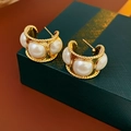 Close-up of vintage C-shape gold earrings with white pearls and beaded metal details - 26# Silver Earring Post - Gold