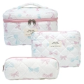 Three-piece quilted cotton makeup bag set with cute pink and blue bow patterns - Blue Pink Ribbon