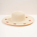 Cappello di paglia estivo da donna a tesa larga con ricamo di ciliegie per il sole - Taglia Unica (57cm) / Beige - Ricamo Ciliegia