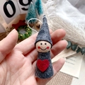 Handcrafted grey felt Christmas gnome ornament with red heart and wooden head - Grey Felt Red Heart Smiling Pendant (A39)