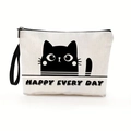 Pochette trucchi in tela con gatto nero e scritta HAPPY EVERY DAY su tessuto bianco sporco - Gatto Cartone Animato (Stile 1) / 17x25cm (Lino Fine) con Cinghia