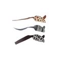 Three plush cat toy mice in giraffe, striped, and leopard patterns on white background - 3-Piece Plush Mouse Set