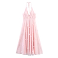 Elegante roze halterjurk in maxi-lengte met 3D-bloemdecoraties en zachte netstof - XS / Roze