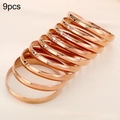 Set of 9 minimalist rose gold stainless steel bangles with polished mirror finish - Width 8mm Inner Diameter 60mm / [9 Rings] Rose Gold