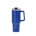 Close-up of blue 40oz stainless steel tumbler with handle and clear straw lid - 40oz / Blue
