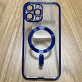 Detail view of transparent phone case with blue magnetic ring on light wood surface - Navy Blue / iPhone 14 Pro Max
