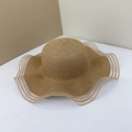 Wide brim wavy sun straw hat in earth brown with white decorative stripes detail - M(56-58cm) / Light Coffee