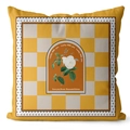 Yellow and beige geometric checkered pillowcase with retro white rose print and quote - 45*45cm (No Insert) / Yellow & Beige Checkerboard (CRD61-9)