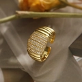 Wide 18K gold plated open ring with pavé set zircon stones and ribbed texture - Gold Wide Wave Style (13904)