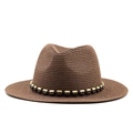 Detailed view of woven dark brown straw hat with ethnic style beaded decorative band - M (56-58cm) / Brown