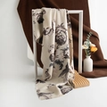 Beige cashmere shawl with dark grey floral bird print and elegant fringed edges - Rose Off-white