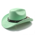 Close-up of mint green cowboy hat with steer skull metal buckle and golden studs decoration - M (56-59cm) / Fluorescent Green (Suede)