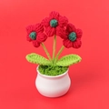 Close-up of handmade crochet mini flower pot with three red flowers in a white ceramic base - Christmas Red - 3 Puff Flower Potted Plant