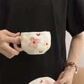 Irregular handmade ceramic coffee mug with pink floral hand-painted pattern and pink handle - Pink Girl Heart