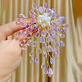 Close-up of handmade gold wire brooch with white pearls and purple waterdrop beads - Light Purple Iridescent Teardrop Style(TB027)