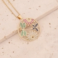 18K gold plated necklace with a round dragonfly and flower pendant set with colorful zircon - Dragonfly Flower