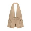 Chic halter neck cargo top in khaki with waist belt and utility pockets on white background - XS / Khaki