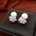 Silver needle snowflake earrings with baguette zircon and large white pearl studs - Silver Snowflake Pearl