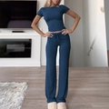 Women's chic dark blue two-piece casual set with fitted short sleeve top and high waist pants - S / Sapphire Blue