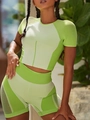 Women's bright green mesh contrast yoga set with short sleeve crop top and biker shorts - S / Green