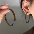 Detail view of large tortoise resin hoop earrings with blue accents and silver hooks - Coffee-Blue (23# Silver Pin)