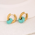 Golden C-shaped stainless steel earrings featuring smooth turquoise bead charms - Turquoise